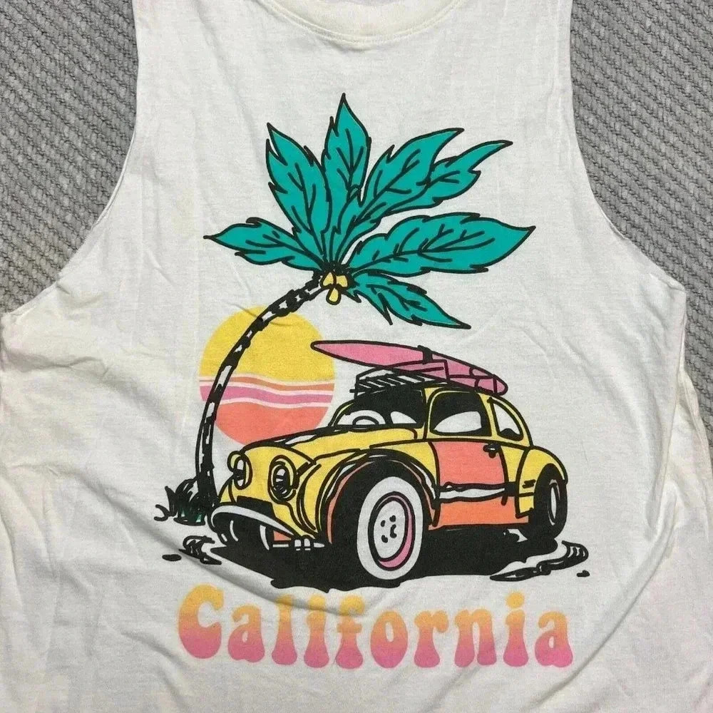 Letluv Anthropologie Womens White Bug Car Caliifornia Tank Top Sz S Beach Summer - Picture 5 of 10